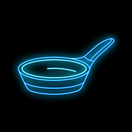 Bright neon sign of a frying pan glowing blue on a black backgroundのイラスト素材