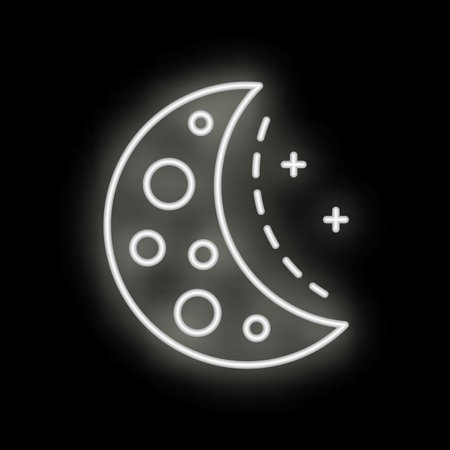 White neon glowing crescent moon with craters and stars on a black background