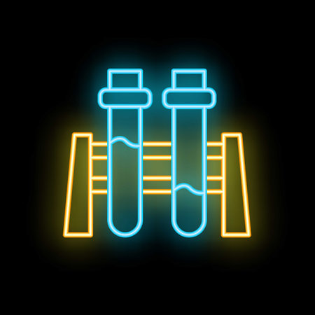 Vibrant neon icon of two test tubes held in a test tube rack, glowing brightly on a dark backgroundのイラスト素材
