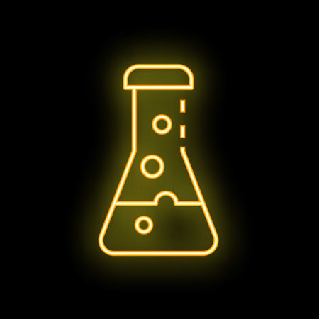 Neon icon of a conical flask with a bubbling liquid inside, glowing brightly against a dark backgroundのイラスト素材
