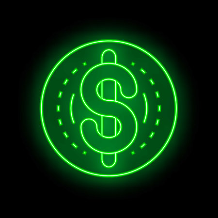 Green neon sign depicting a dollar coin, glowing brightly against a black backgroundのイラスト素材