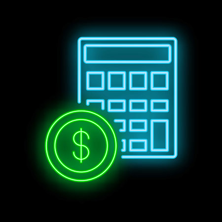 Glowing neon icon of calculator with dollar currency symbol, representing financial calculations and accountingのイラスト素材