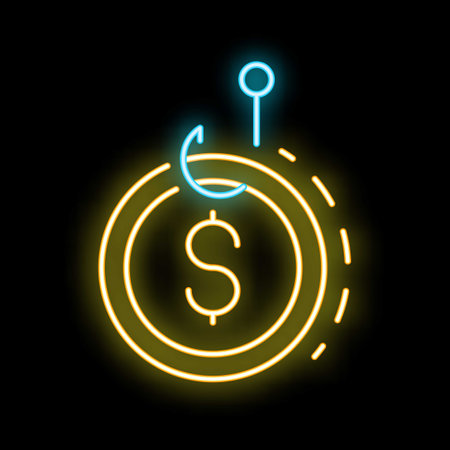 Neon sign illustrating the concept of earning money with a fishing hook catching a dollar coinのイラスト素材