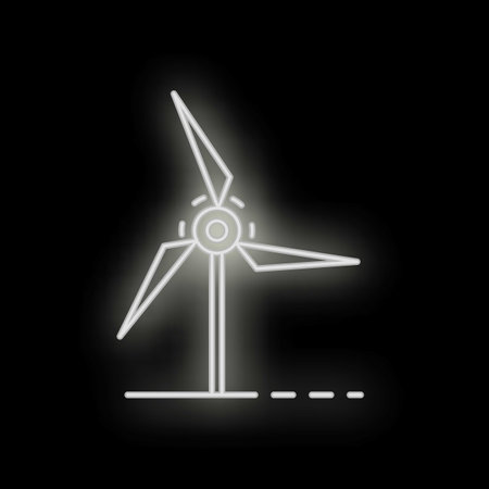 White neon sign depicting a wind turbine generating clean energy, set against a black background,...