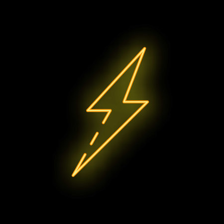 Bright yellow neon sign is glowing in the shape of a lightning bolt, representing concepts like electricity and powerのイラスト素材