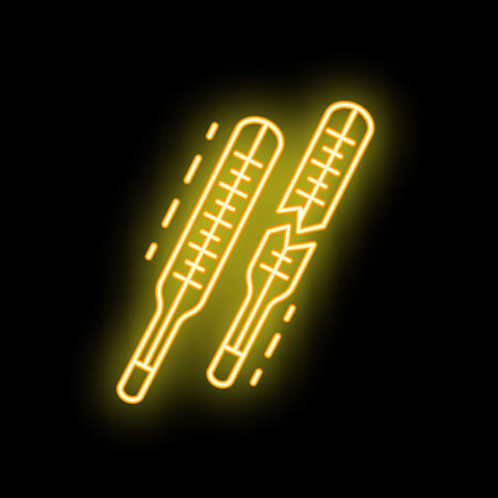 Bright yellow neon icon of a broken medical thermometer glowing on a black backgroundのイラスト素材