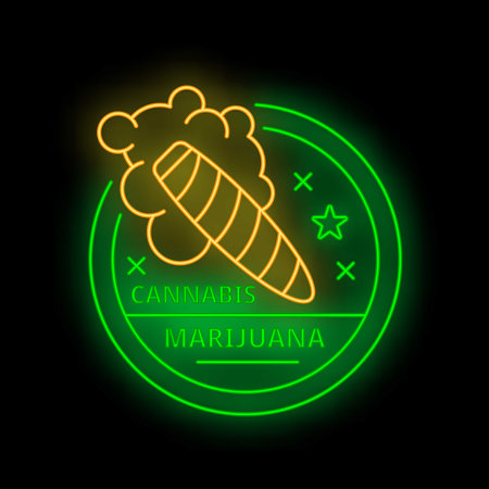 Neon sign with a marijuana joint surrounded by smoke, promoting cannabis and marijuana consumptionのイラスト素材