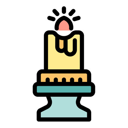 Cartoon style icon of a burning candle on a candlestick holder, melting wax dripping down the sidesのイラスト素材