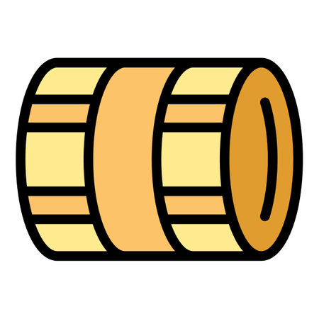 Wooden barrel is lying down, potentially storing wine or beer, with visible wood grain and metal hoopsのイラスト素材