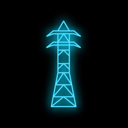 Blue neon icon of an electric power transmission tower glowing on a black backgroundのイラスト素材