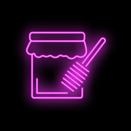 Neon sign depicting a honey jar with a honey dipper, glowing in vibrant pink lightのイラスト素材
