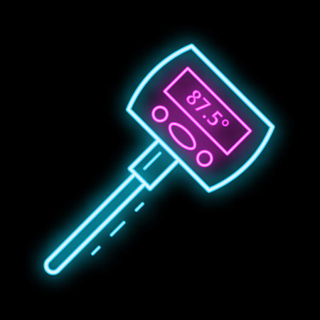 Electronic infrared thermometer showing high temperature with blue and pink neon light on a black backgroundのイラスト素材