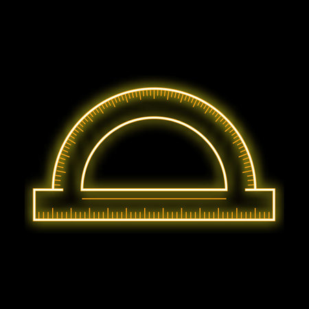Yellow neon icon of a protractor glowing on black backgroundのイラスト素材