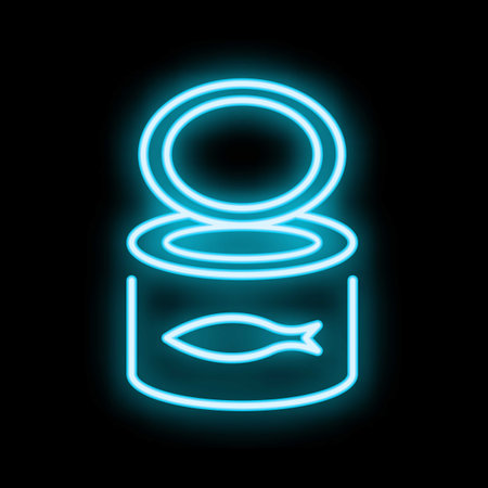 Bright neon blue sign depicting a can of fish with its lid open on a black backgroundのイラスト素材