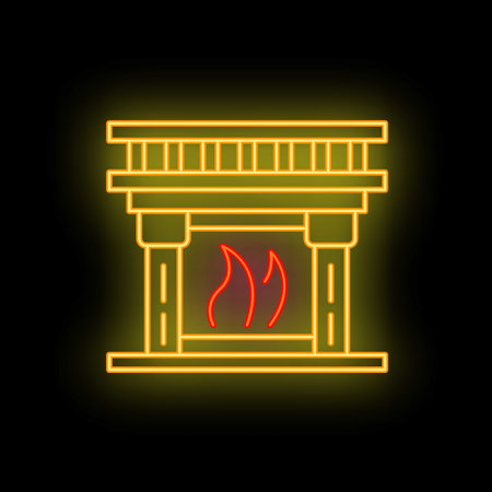 Yellow neon fireplace is burning with red and orange flames on a black backgroundのイラスト素材