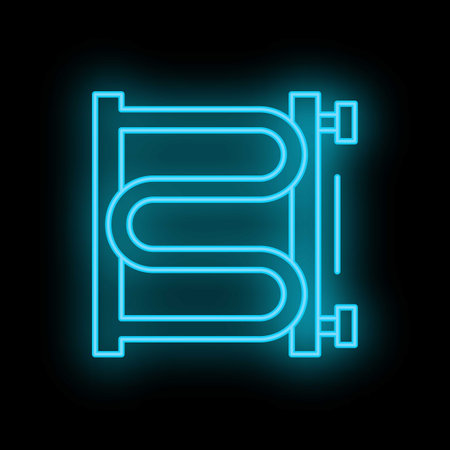 Blue neon icon of a heating radiator glowing on black background representing concepts of winter and warmthのイラスト素材