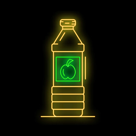 Glowing neon line apple juice bottle icon isolated on black background, perfect for illustrating healthy choicesのイラスト素材