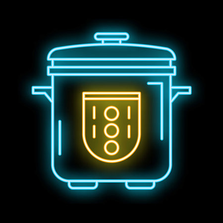 Glowing neon line multi cooker icon isolated on black background cooking device. Kitchen equipment concept. Vector illustrationのイラスト素材