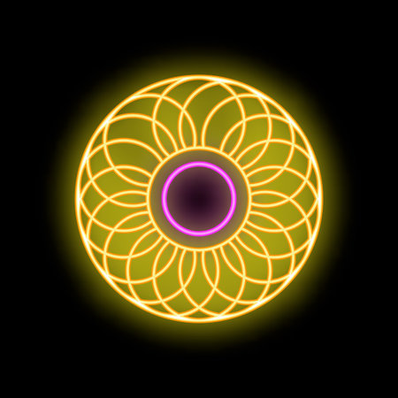 Glowing neon sign forming a circular mandala pattern, perfect for concepts like decoration,...