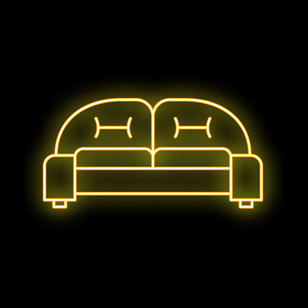 Yellow neon sign depicting a sofa with pillows on a black backgroundのイラスト素材
