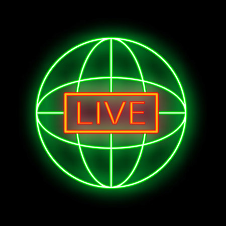 Green neon globe showing live sign is glowing on black backgroundのイラスト素材