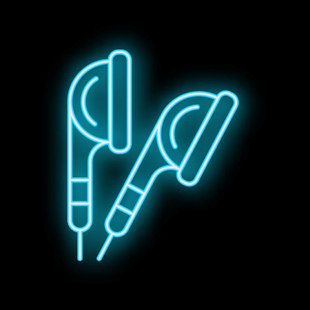 Blue neon sign illustrating in ear headphones glowing on black background, concept for music, podcasts, audio and soundのイラスト素材