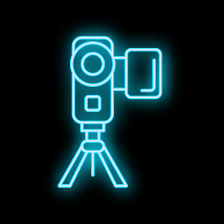 Blue neon icon of a digital camera recording while standing on a tripod, isolated on a black backgroundのイラスト素材