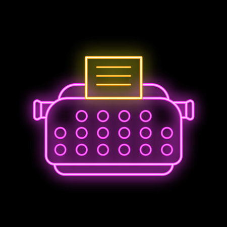 Neon typewriter with paper sheet glowing on a black backgroundのイラスト素材