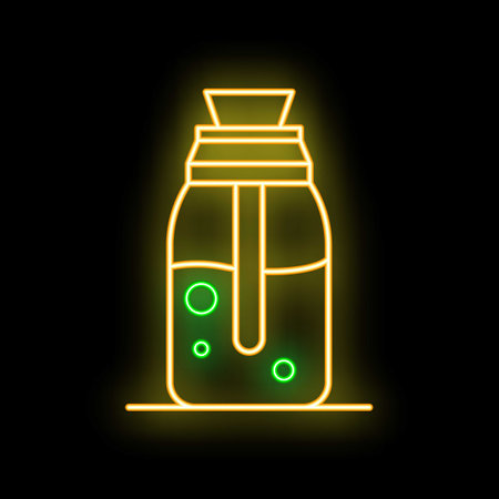 Glowing neon line icon of a french press coffee maker brewing a fresh cup of coffee isolated on a black backgroundのイラスト素材