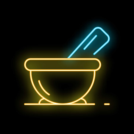 Glowing neon icon of mortar and pestle, representing pharmacy, cooking, or herbal medicineのイラスト素材