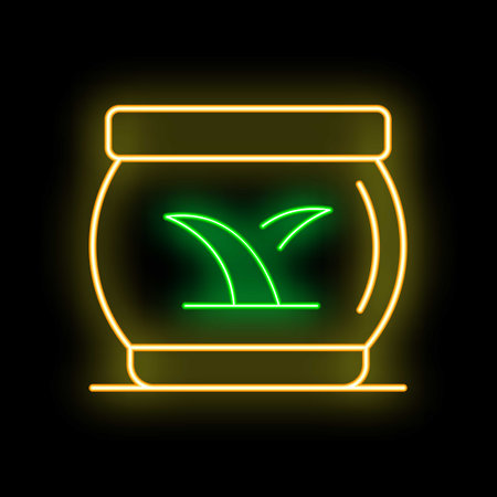 Neon glowing icon of green tea leaves growing in a bowl, isolated on a black backgroundのイラスト素材