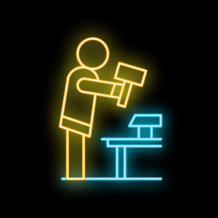 Neon sign of a blacksmith hitting metal with a hammer at an anvilのイラスト素材