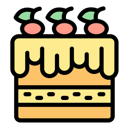 Simple colorful illustration of a square cake with dripping icing and cherries on top