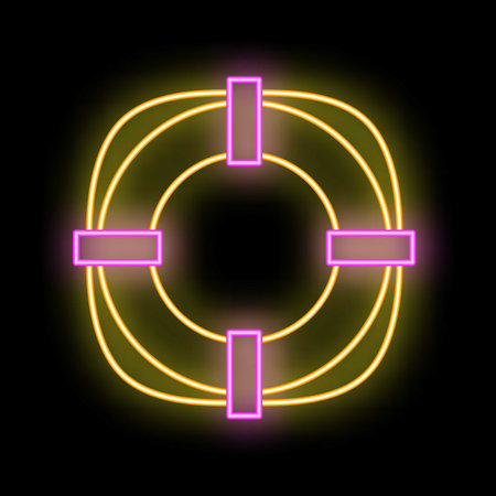 Glowing neon lifebuoy illuminating a dark background, symbolizing safety, rescue, and hope in times of emergencyのイラスト素材