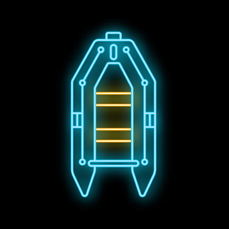 Blue and yellow neon sign is depicting an inflatable boat on a black backgroundのイラスト素材