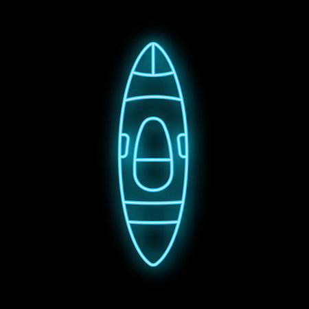 Bright blue neon sign of a kayak glowing on a black backgroundのイラスト素材