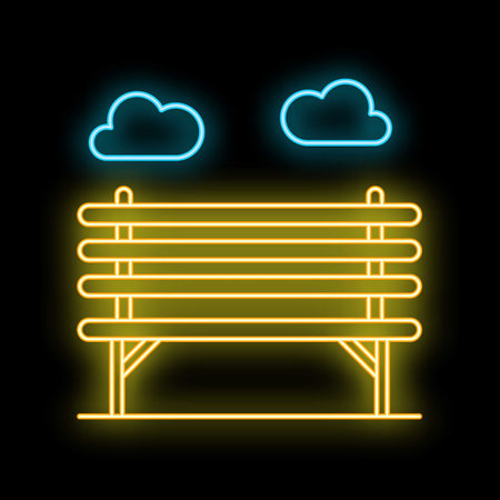 Glowing neon sign depicting a park bench under two clouds on a black background, perfect for designs related to relaxation, parks, or nighttime cityscapesのイラスト素材