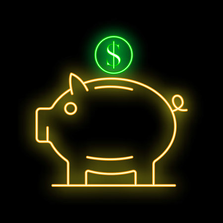 Neon piggy bank glowing with dollar sign is a symbol of saving and financial securityのイラスト素材