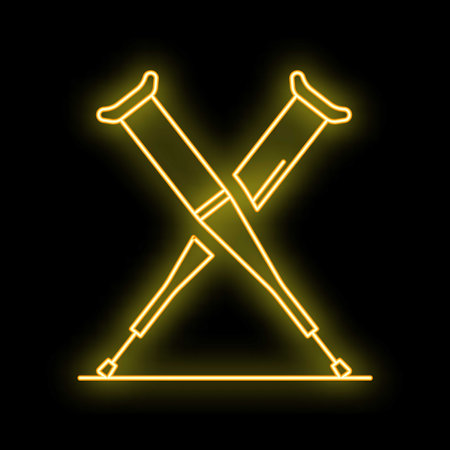 Glowing neon icon of crutches standing crossed on horizontal surfaceのイラスト素材