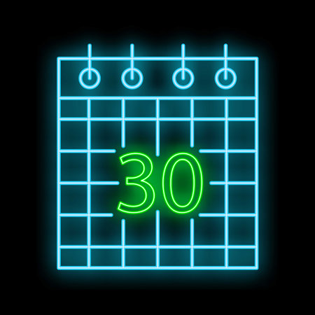 Glowing neon calendar icon is showing the 30th day of the month on a black backgroundのイラスト素材