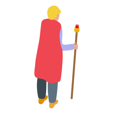 This isometric icon features a blond man wearing a red cape and holding a stick with a red button on topのイラスト素材