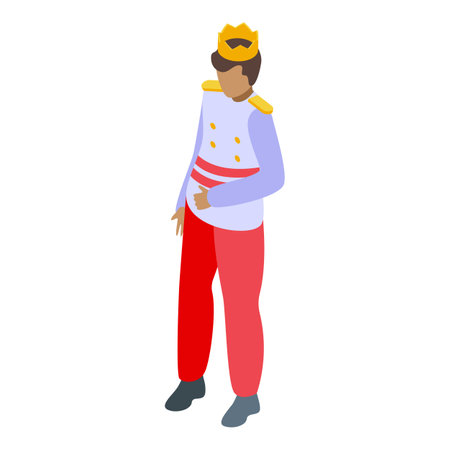 Young prince wearing crown standing with hand on his belly isometric icon isolated on white backgroundのイラスト素材