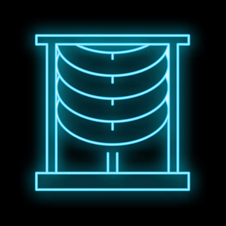 Blue glowing neon line icon representing a louver window, isolated on a black background, vector illustrationのイラスト素材
