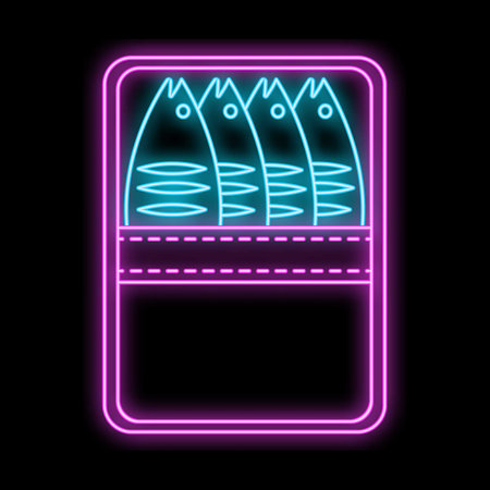 Bright neon icon of canned sardines glowing against a black backgroundのイラスト素材