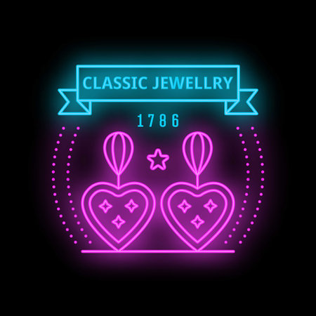 Classic jewellery since 1786 neon sign with pair of earrings with hearts and stars representing love and luxuryのイラスト素材
