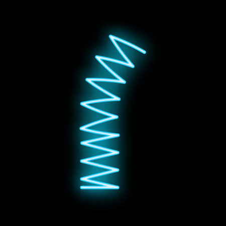 Bright blue neon sign in the shape of a zig zag is glowing on a black backgroundのイラスト素材