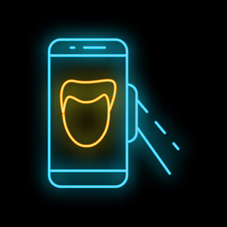 Neon glowing icon of smartphone showing customer using face id for payment at gas stationのイラスト素材