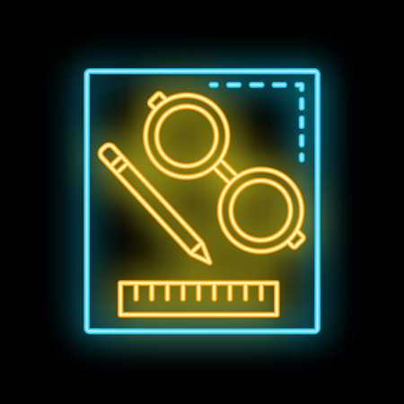 Neon glowing icon of drawing tools for graphic tablet, including ruler, pencil and eyeglassesのイラスト素材