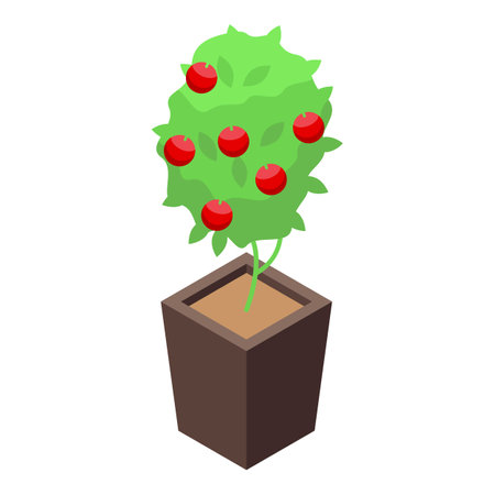 Isometric illustration of a small apple tree growing in a pot, perfect for agricultural or gardening visualsのイラスト素材