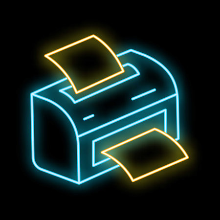 Glowing neon line printer icon isolated on black background. Vector illustrationのイラスト素材